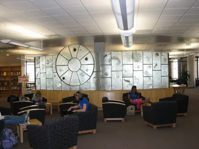 Photo of "Consilience" art piece in Kraemer Family Library 