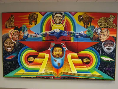 Picture of art piece "Liberation Through Knowledge" mural in Kraemer Family Library 